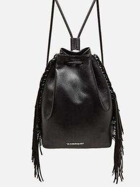 Victoria's Secret Black Fringe Drawstring Backpack Bag